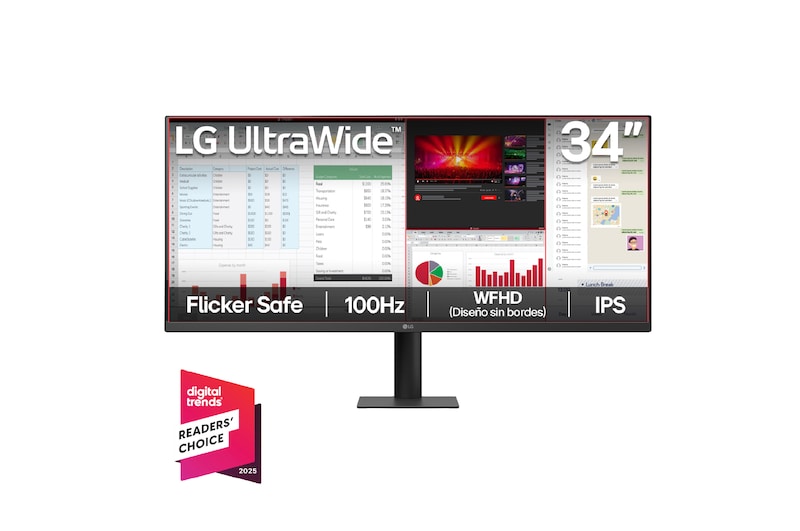 Vista frontal de Monitor LG UltraWide 34" WFHD 100Hz IPS productividad más inmersiva 34U511A-B